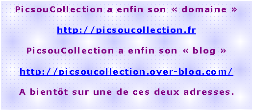 Zone de Texte: PicsouCollection a enfin son  domaine 

http://picsoucollection.fr

PicsouCollection a enfin son  blog 

http://picsoucollection.over-blog.com/

A bientt sur une de ces deux adresses.

